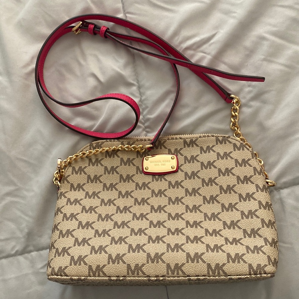 Michael Kors tan crossbody with pink accent